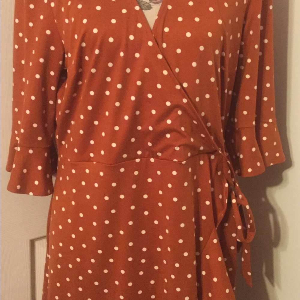 Earth Tone Brown Color V-neck Polka Dot Side Tie Waist Plus Dress - Picture 5 of 8